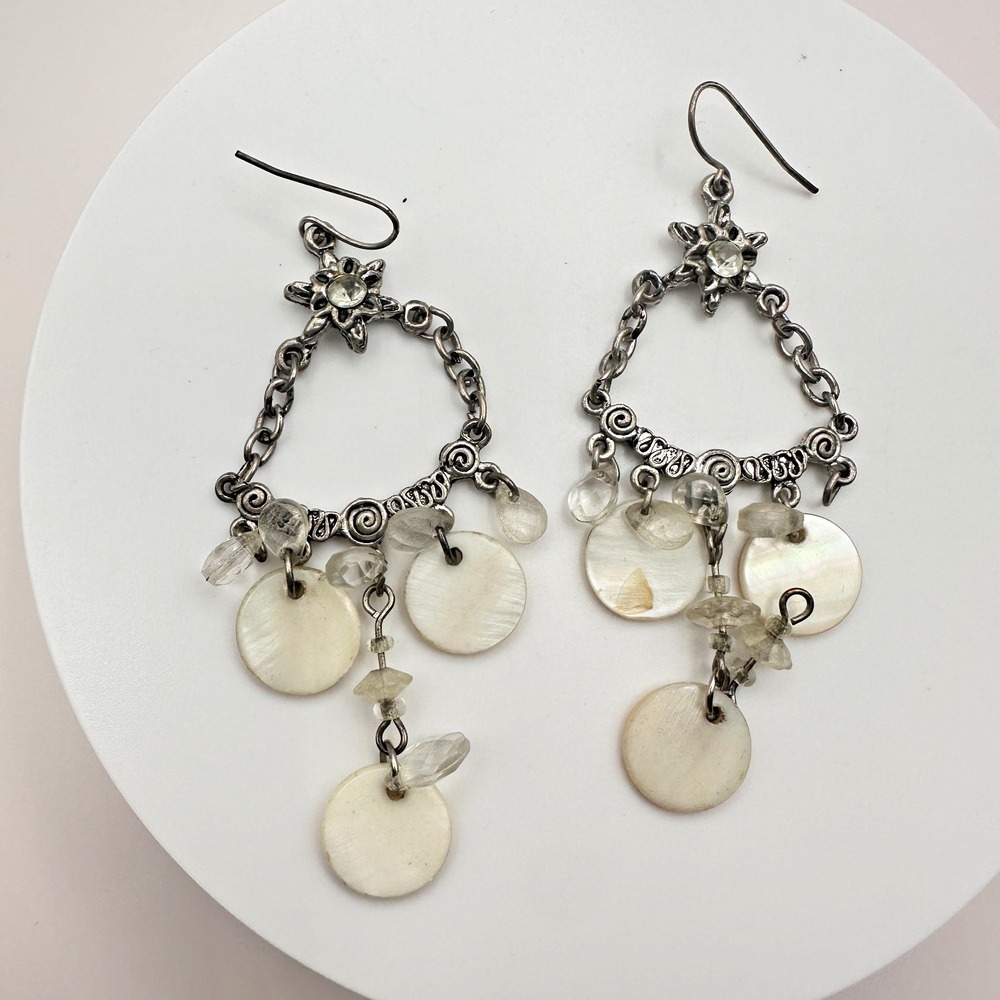 Vintage 80s Silver Tone Chandelier Earrings Pearl & Quartz Dangles Jewelry Boho